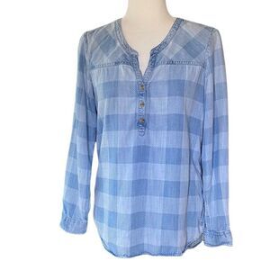 Eddie Bauer Blue Plaid Tunic Chambray Shirt SZ S